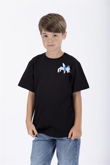 Bisiklet Yaka Kısa Kol Balına Baskılı Siyah Renk Erkek Çocuk Tshirt