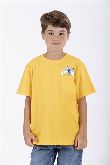 Bisiklet Yaka Kısa Kol Balına Baskılı Koyu Sari Renk Erkek Çocuk Tshirt