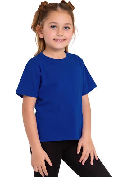 Bisiklet Yaka Kısa Kol Baskısız Saks Renk Kız Çocuk Tshirt