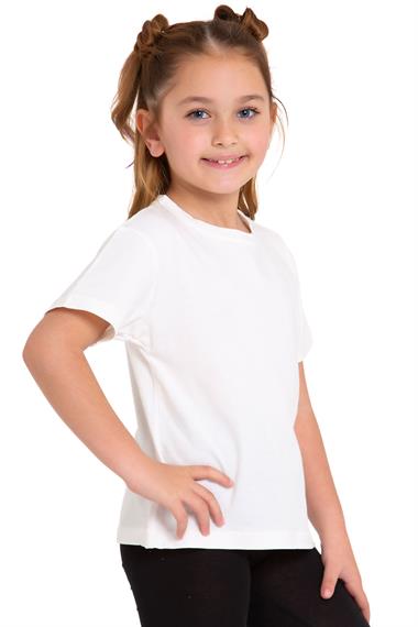 Bisiklet Yaka Kısa Kol Baskısız Ekru Renk Kız Çocuk Tshirt