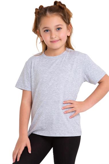 Bisiklet Yaka Kısa Kol Baskısız Gri Melanj Renk Kız Çocuk Tshirt