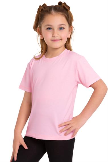 Bisiklet Yaka Kısa Kol Baskısız Pembe Renk Kız Çocuk Tshirt