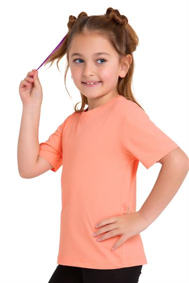 Bisiklet Yaka Kısa Kol Baskısız Somon Renk Kız Çocuk Tshirt