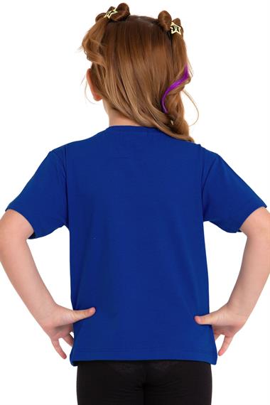 Bisiklet Yaka Kısa Kol Baskısız Saks Renk Kız Çocuk Tshirt