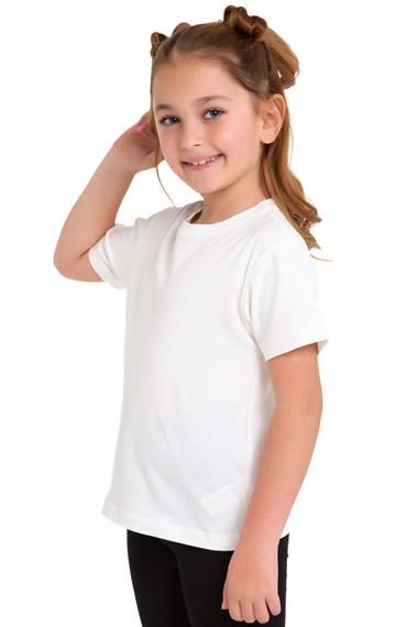 Bisiklet Yaka Kısa Kol Baskısız Ekru Renk Kız Çocuk Tshirt