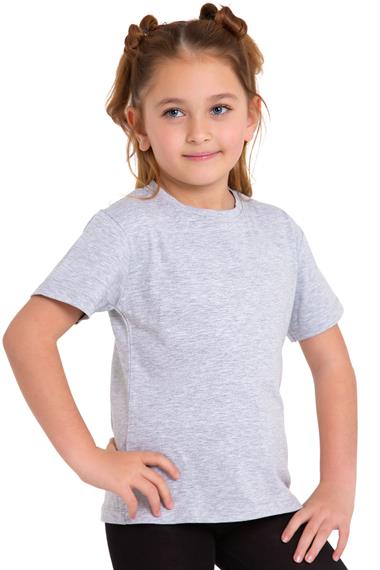 Bisiklet Yaka Kısa Kol Baskısız Gri Melanj Renk Kız Çocuk Tshirt