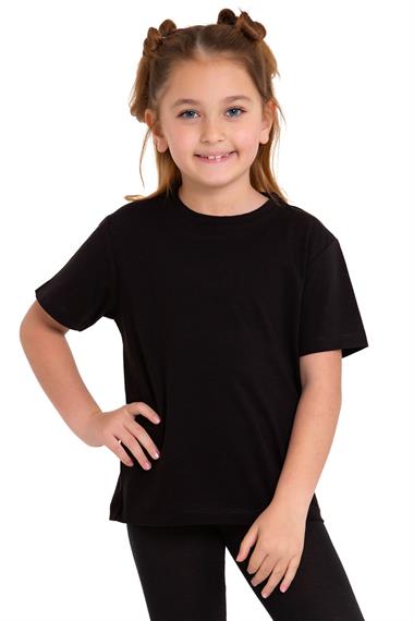 Bisiklet Yaka Kısa Kol Baskısız Siyah Renk Kız Çocuk Tshirt