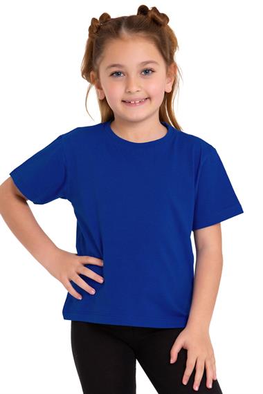 Bisiklet Yaka Kısa Kol Baskısız Saks Renk Kız Çocuk Tshirt