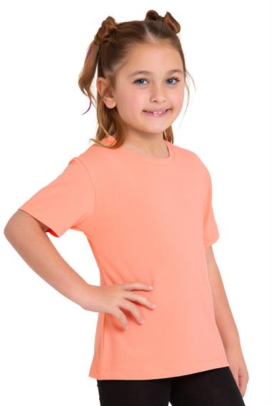 Bisiklet Yaka Kısa Kol Baskısız Somon Renk Kız Çocuk Tshirt