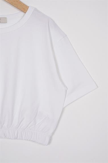 Bisiklet Yaka Kısa Kol Beli Lastikli Ekru Renk Kız Çocuk Tshirt