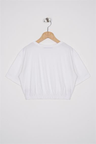 Bisiklet Yaka Kısa Kol Beli Lastikli Ekru Renk Kız Çocuk Tshirt