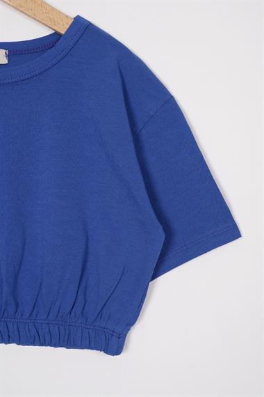 Bisiklet Yaka Kısa Kol Beli Lastikli Saks Renk Kız Çocuk Tshirt