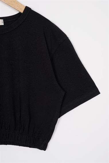 Bisiklet Yaka Kısa Kol Beli Lastikli Siyah Renk Kız Çocuk Tshirt