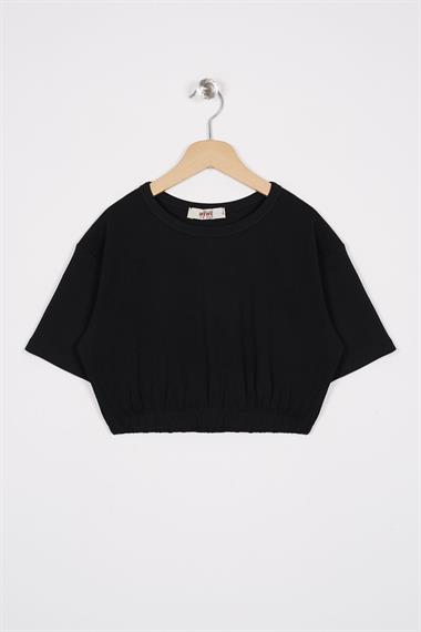 Bisiklet Yaka Kısa Kol Beli Lastikli Siyah Renk Kız Çocuk Tshirt