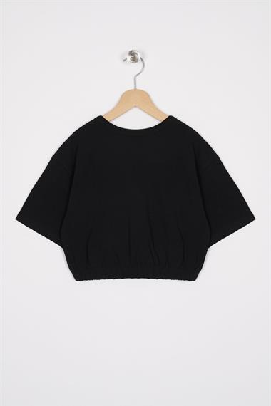Bisiklet Yaka Kısa Kol Beli Lastikli Siyah Renk Kız Çocuk Tshirt