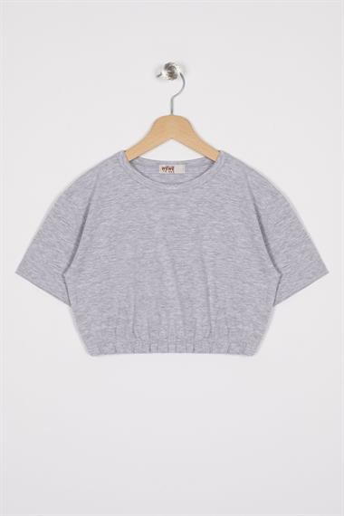Bisiklet Yaka Kısa Kol Beli Lastikli Gri Melanj Renk Kız Çocuk Tshirt