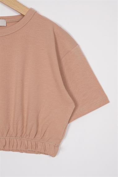 Bisiklet Yaka Kısa Kol Beli Lastikli Bej Renk Kız Çocuk Tshirt
