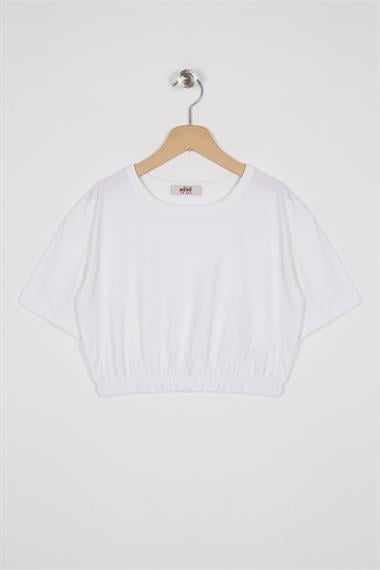Bisiklet Yaka Kısa Kol Beli Lastikli Ekru Renk Kız Çocuk Tshirt