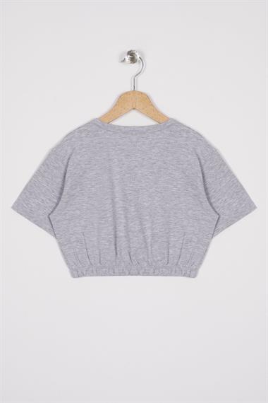 Bisiklet Yaka Kısa Kol Beli Lastikli Gri Melanj Renk Kız Çocuk Tshirt