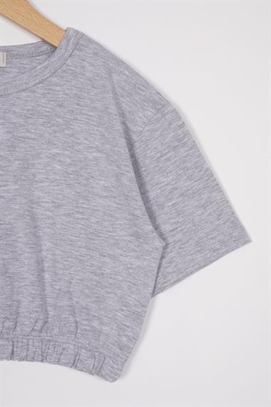 Bisiklet Yaka Kısa Kol Beli Lastikli Gri Melanj Renk Kız Çocuk Tshirt