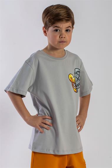 Bisiklet Yaka Kısa Kol Baskılı Taş Rengi Erkek Çocuk Tshirt