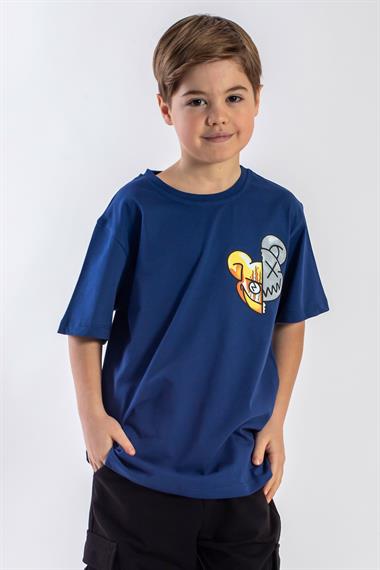 Bisiklet Yaka Kısa Kol Baskılı İndigo Renk Erkek Çocuk Tshirt