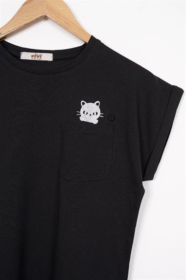 Bisiklet Yaka Kısa Kol Cep Detaylı Simli Kedi Baskılı Siyah Renk Kız Çocuk Tshirt