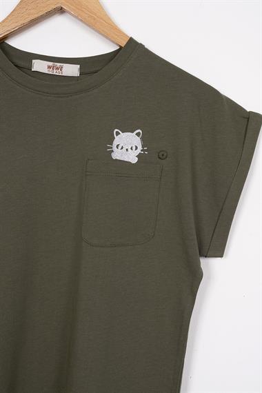 Bisiklet Yaka Kısa Kol Cep Detaylı Simli Kedi Baskılı Haki Renk Kız Çocuk Tshirt