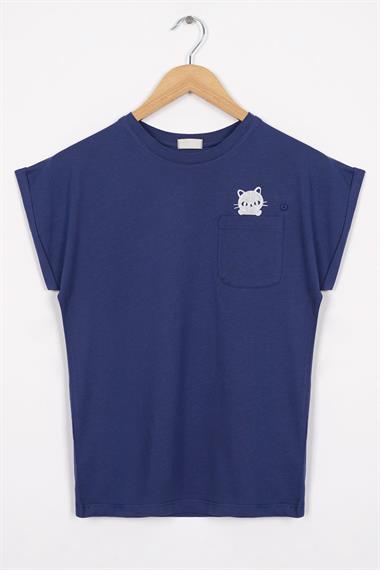 Bisiklet Yaka Kısa Kol Cep Detaylı Simli Kedi Baskılı Lacivert Renk Kız Çocuk Tshirt