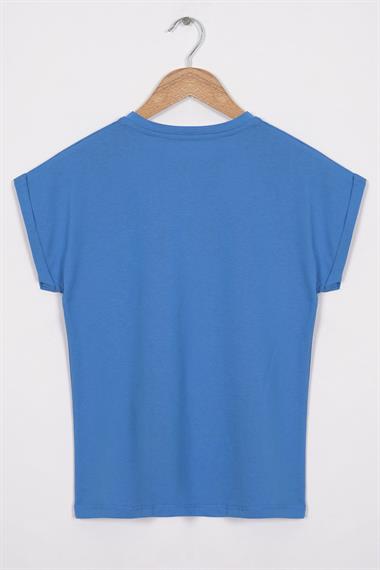 Bisiklet Yaka Kısa Kol Cep Detaylı Simli Kedi Baskılı İndigo Renk Kız Çocuk Tshirt