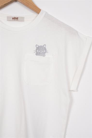 Bisiklet Yaka Kısa Kol Cep Detaylı Simli Kedi Baskılı Ekru Renk Kız Çocuk Tshirt