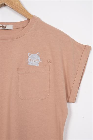 Bisiklet Yaka Kısa Kol Cep Detaylı Simli Kedi Baskılı Bej Renk Kız Çocuk Tshirt