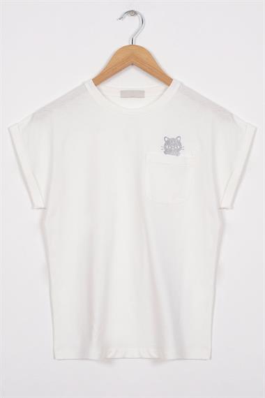Bisiklet Yaka Kısa Kol Cep Detaylı Simli Kedi Baskılı Ekru Renk Kız Çocuk Tshirt