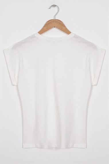 Bisiklet Yaka Kısa Kol Cep Detaylı Simli Kedi Baskılı Ekru Renk Kız Çocuk Tshirt
