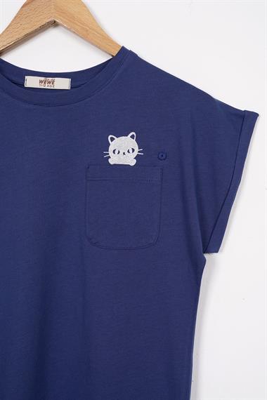 Bisiklet Yaka Kısa Kol Cep Detaylı Simli Kedi Baskılı Lacivert Renk Kız Çocuk Tshirt