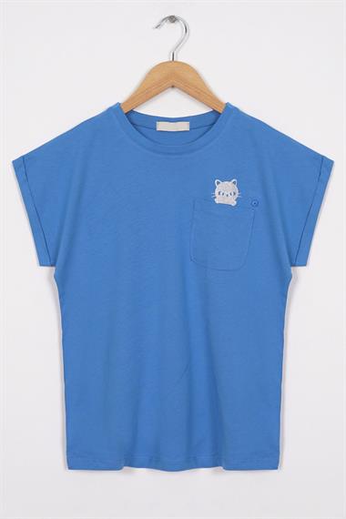 Bisiklet Yaka Kısa Kol Cep Detaylı Simli Kedi Baskılı İndigo Renk Kız Çocuk Tshirt