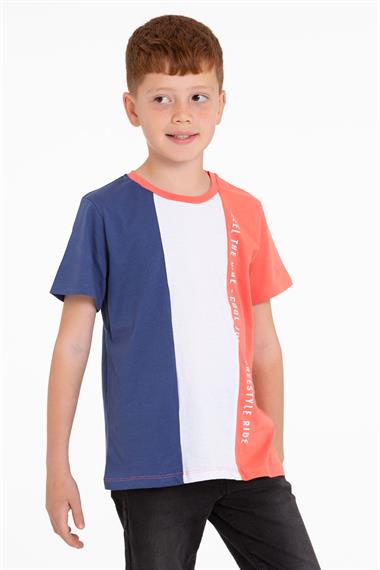 Bisiklet Yaka Kısa Kol Çift Renkli İndigo Renk Erkek Çocuk Tshirt
