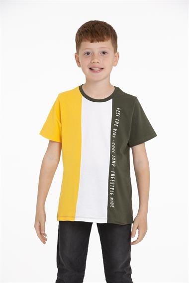 Bisiklet Yaka Kısa Kol Çift Renkli Haki Renk Erkek Çocuk Tshirt