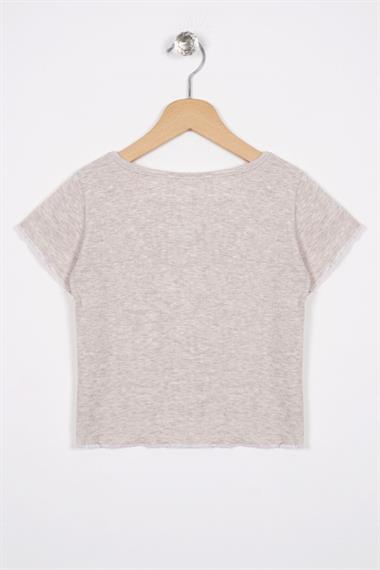 Bisiklet Yaka Kısa Kol Fitilli Bej Melanj Renk Kız Çocuk Tshirt
