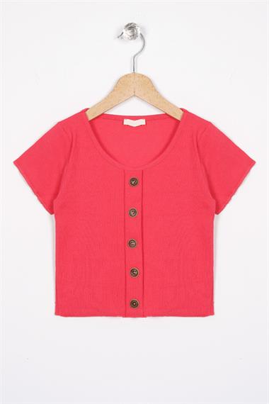 Bisiklet Yaka Kısa Kol Fitilli Pembe Renk Kız Çocuk Tshirt