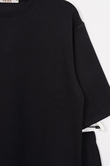 Bisiklet Yaka Kısa Kol Fitilli Oversize Siyah Renk Kız Çocuk Taytlı Takım
