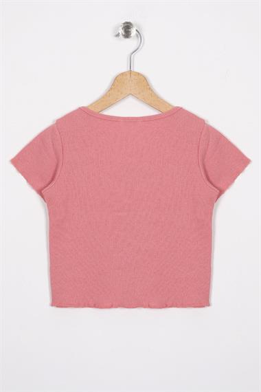 Bisiklet Yaka Kısa Kol Fitilli Pudra Renk Kız Çocuk Tshirt