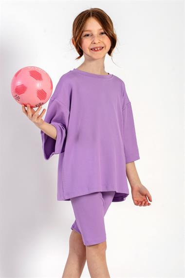 Bisiklet Yaka Kısa Kol Fitilli Oversize Lila Renk Kız Çocuk Taytlı Takım
