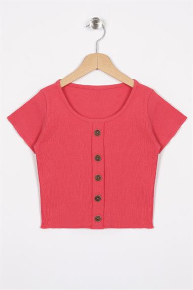 Bisiklet Yaka Kısa Kol Fitilli Somon Renk Kız Çocuk Tshirt
