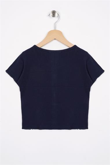 Bisiklet Yaka Kısa Kol Fitilli Lacivert Renk Kız Çocuk Tshirt