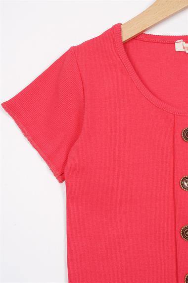 Bisiklet Yaka Kısa Kol Fitilli Pembe Renk Kız Çocuk Tshirt