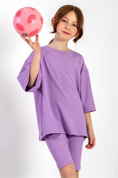 Bisiklet Yaka Kısa Kol Fitilli Oversize Lila Renk Kız Çocuk Taytlı Takım