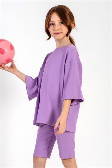 Bisiklet Yaka Kısa Kol Fitilli Oversize Lila Renk Kız Çocuk Taytlı Takım