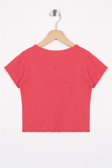Bisiklet Yaka Kısa Kol Fitilli Somon Renk Kız Çocuk Tshirt