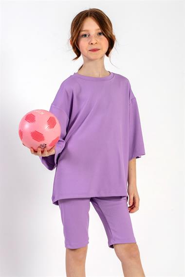 Bisiklet Yaka Kısa Kol Fitilli Oversize Lila Renk Kız Çocuk Taytlı Takım